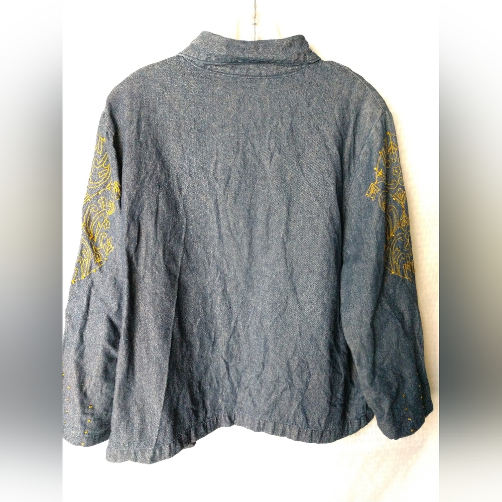 Blair Denim Jean Jacket Shacket Zip Front Rhinestones & Embroidered Size Large - Picture 5 of 6